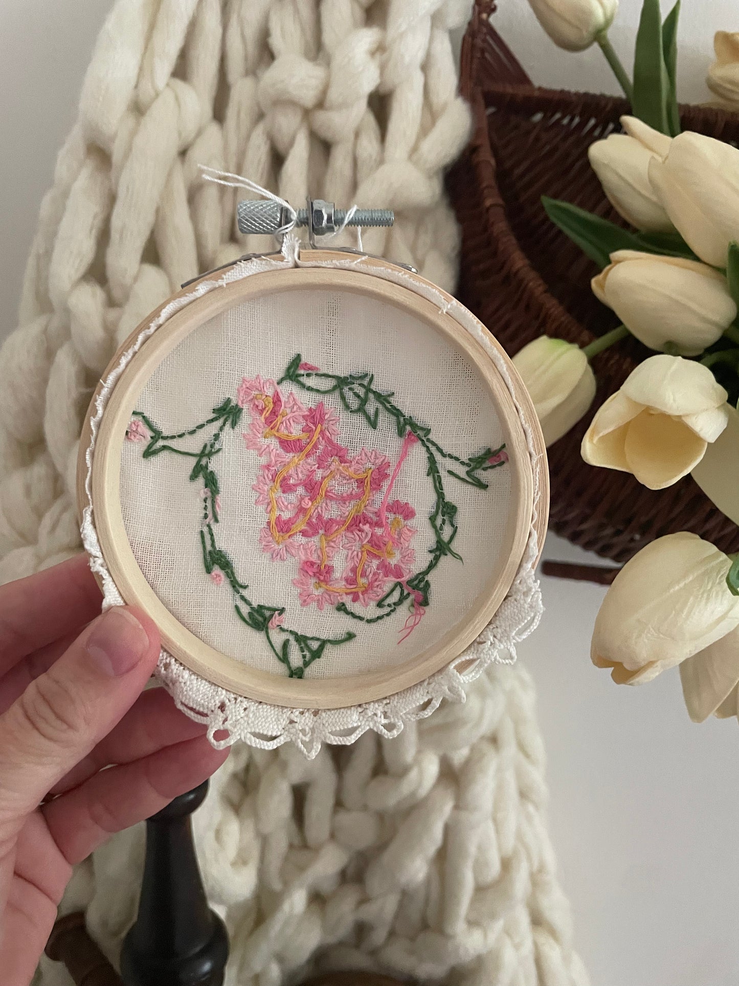 Wall Hanging Vintage Handkerchief Inside Wood Embroidery Hoop