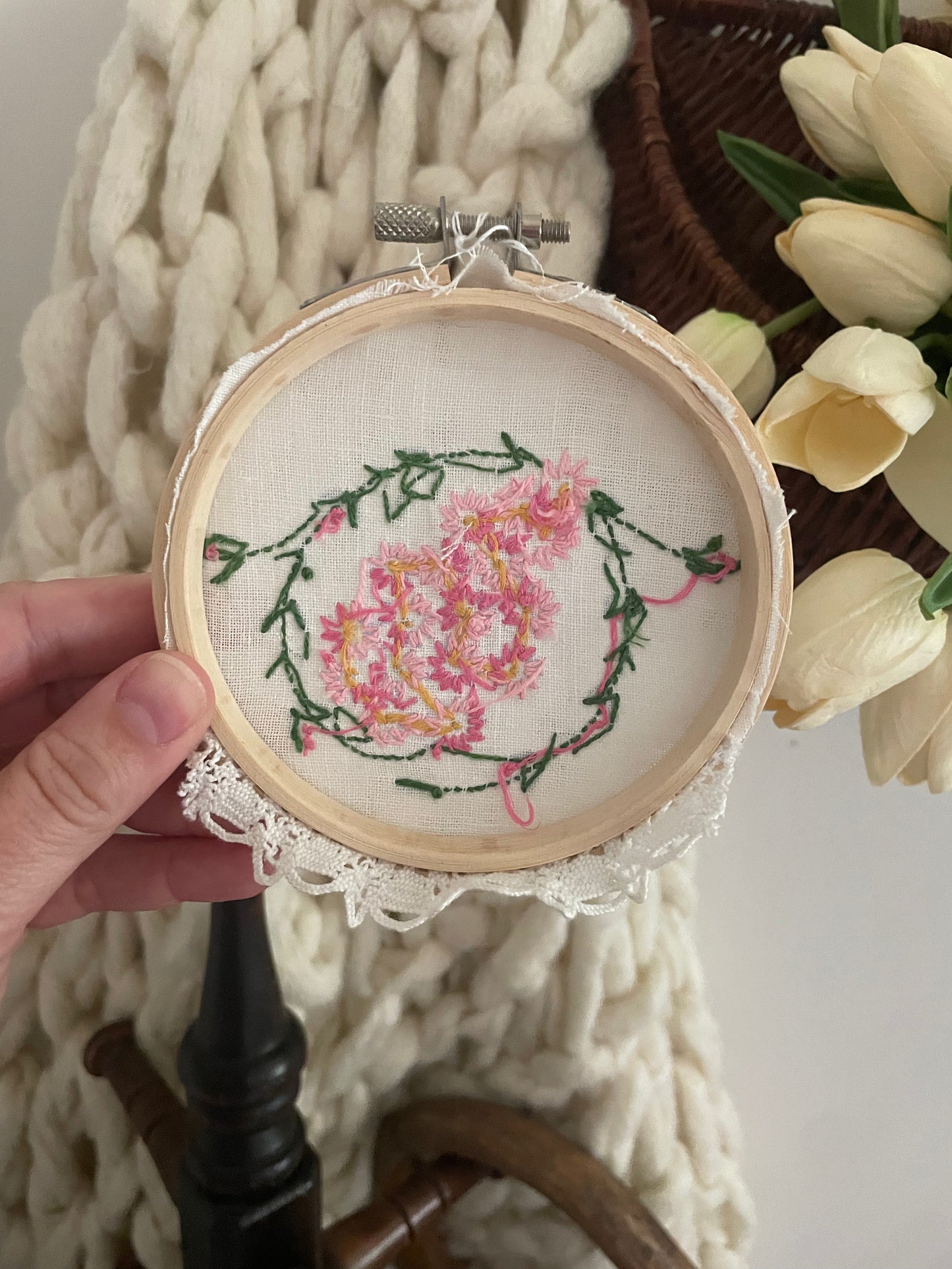 Wall Hanging Vintage Handkerchief Inside Wood Embroidery Hoop