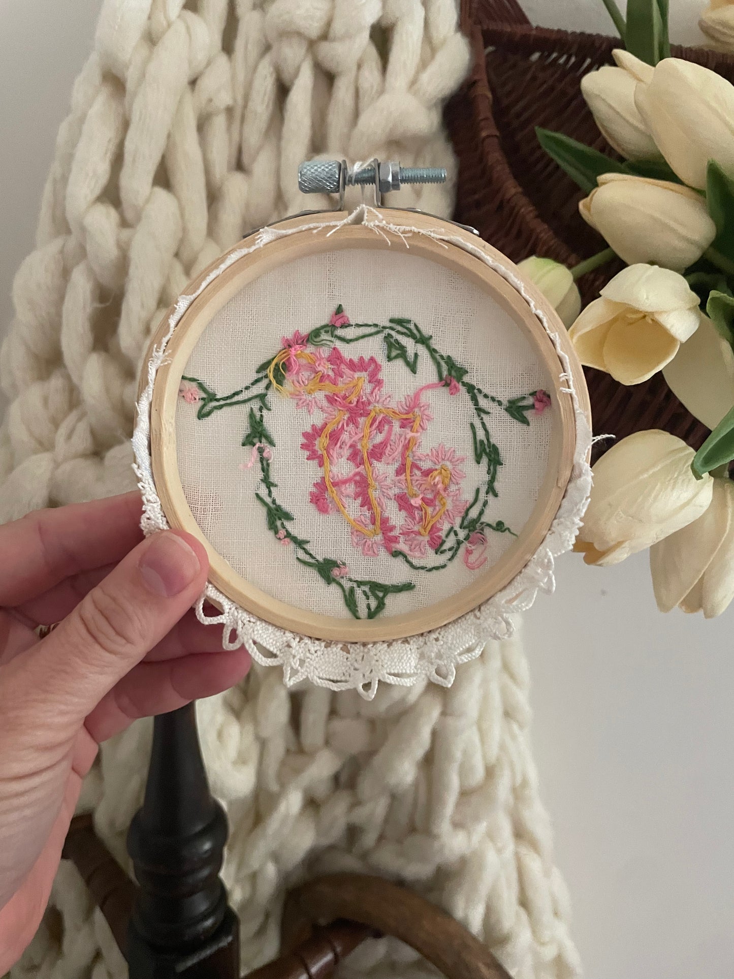 Wall Hanging Vintage Handkerchief Inside Wood Embroidery Hoop