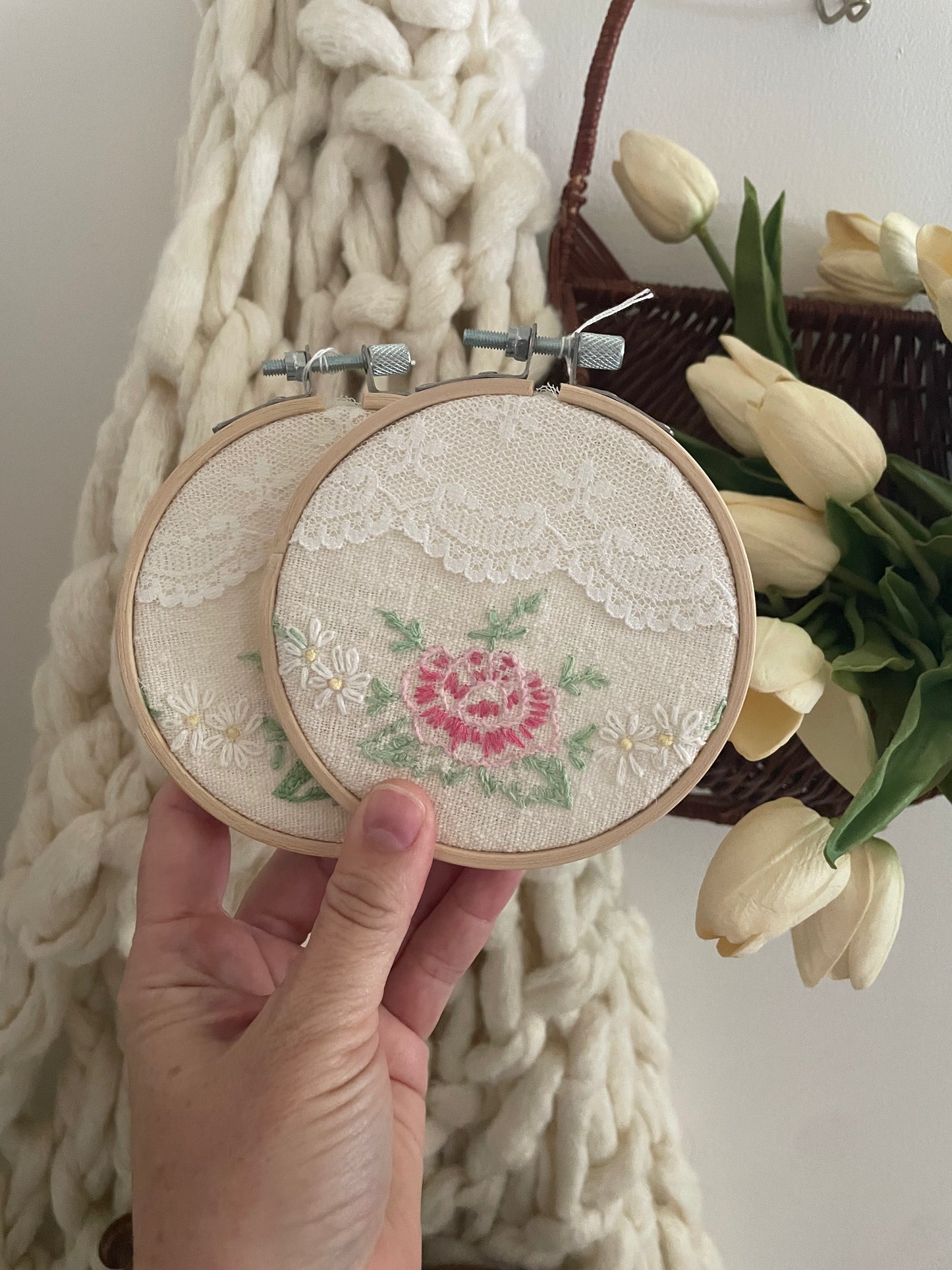 Wall Hanging Vintage Handkerchief Inside Wood Embroidery Hoop