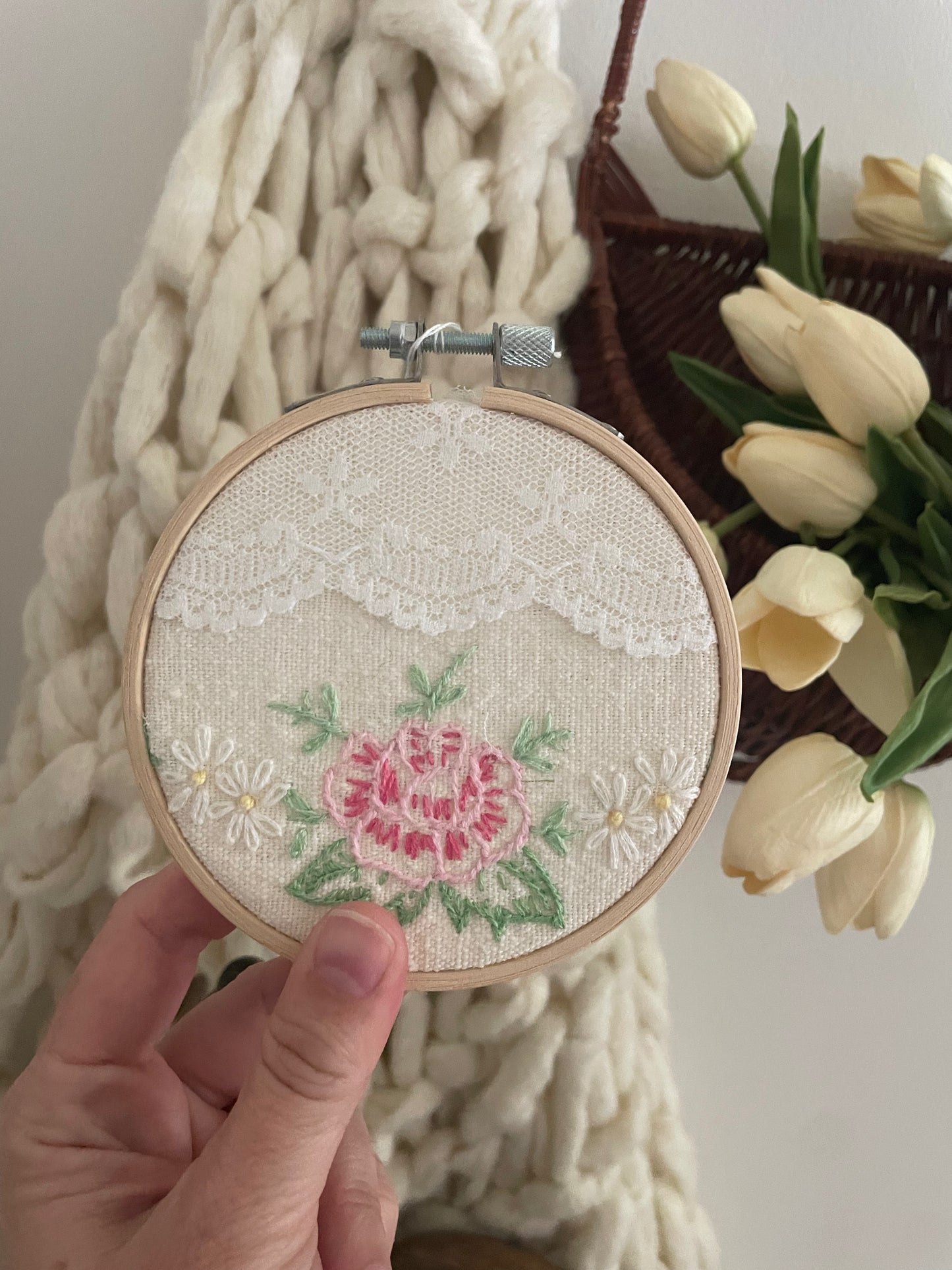 Wall Hanging Vintage Handkerchief Inside Wood Embroidery Hoop