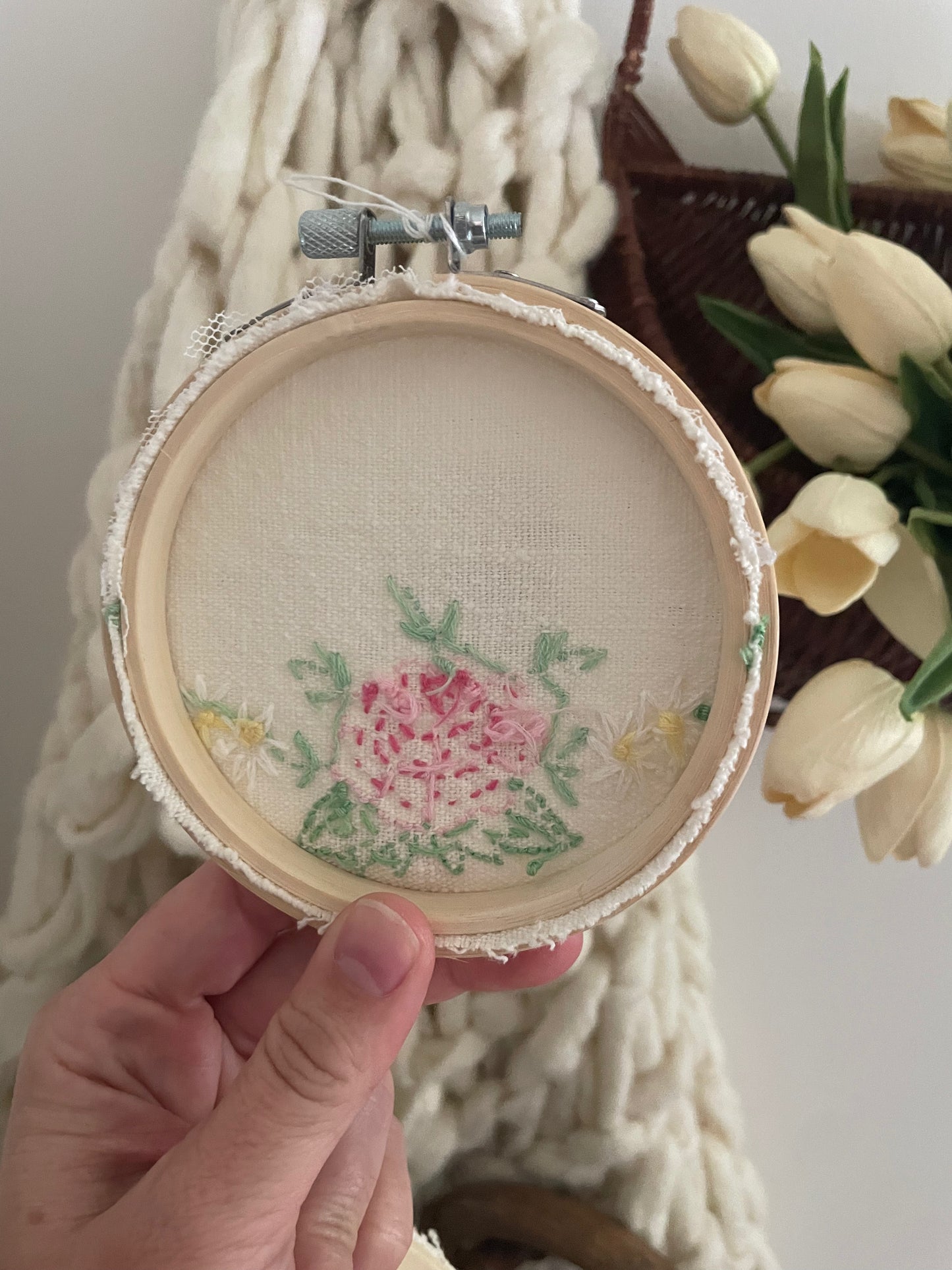 Wall Hanging Vintage Handkerchief Inside Wood Embroidery Hoop