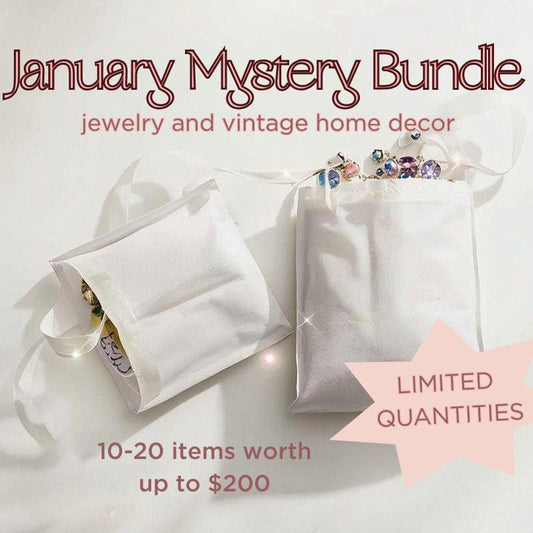 Promotional image for January Mystery Bundle with jewelry and vintage home decor, limited quantities.