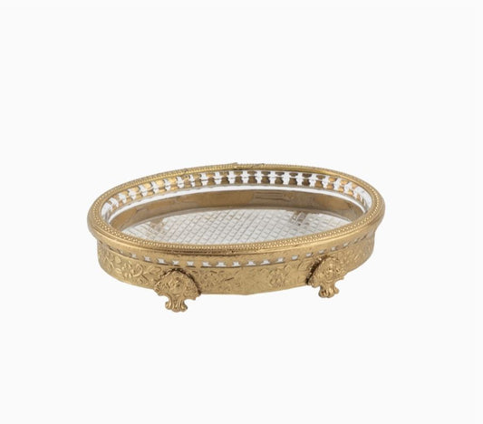 Gold Metal  Oval Mini Diamond Glass Trinket Dish with Feet