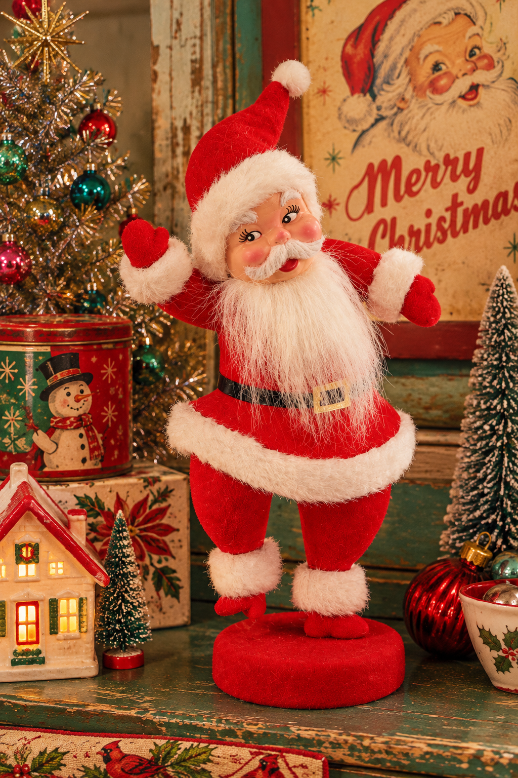 Retro Jolly Santa Christmas Sitter – Red Flocked Holiday Decor