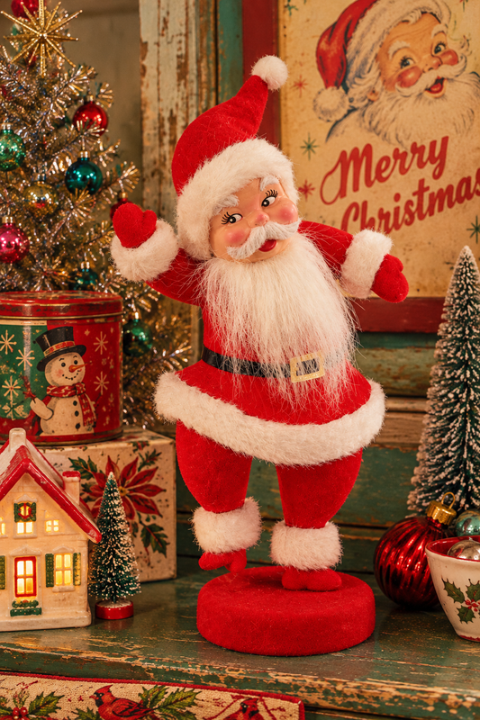 Retro Jolly Santa Christmas Sitter – Red Flocked Holiday Decor