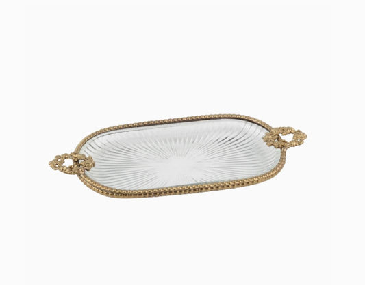 Oblong Starburst Glass Trinket Dish Metal Frame with Wreath Handles