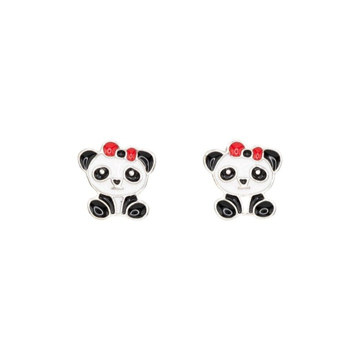 Panda Enamel Post Stud Earring Animal Red Bow Children's Jewelry