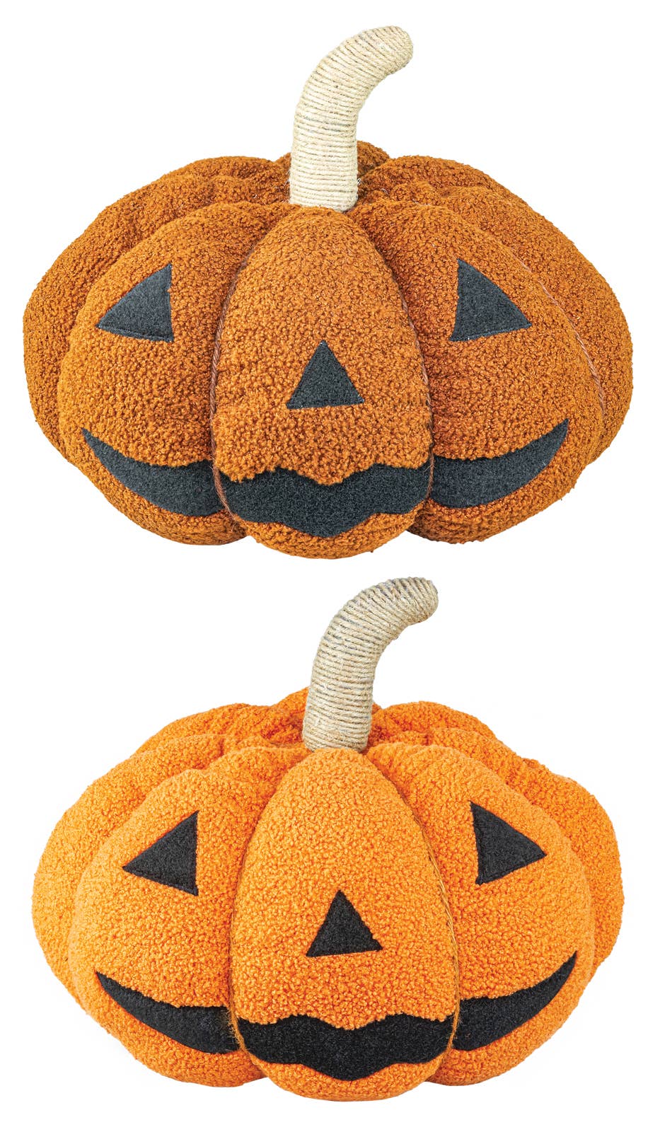 Two sets of plush pumpkins with smiling faces on a white background