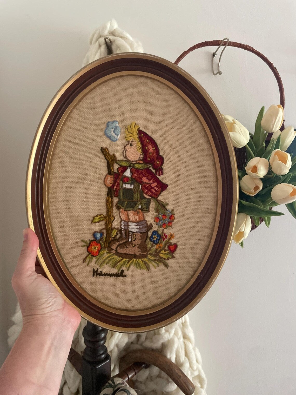 Vintage Crewel Embroidery Needlework Hummel Boy Oval Professionally Framed Hanging Art