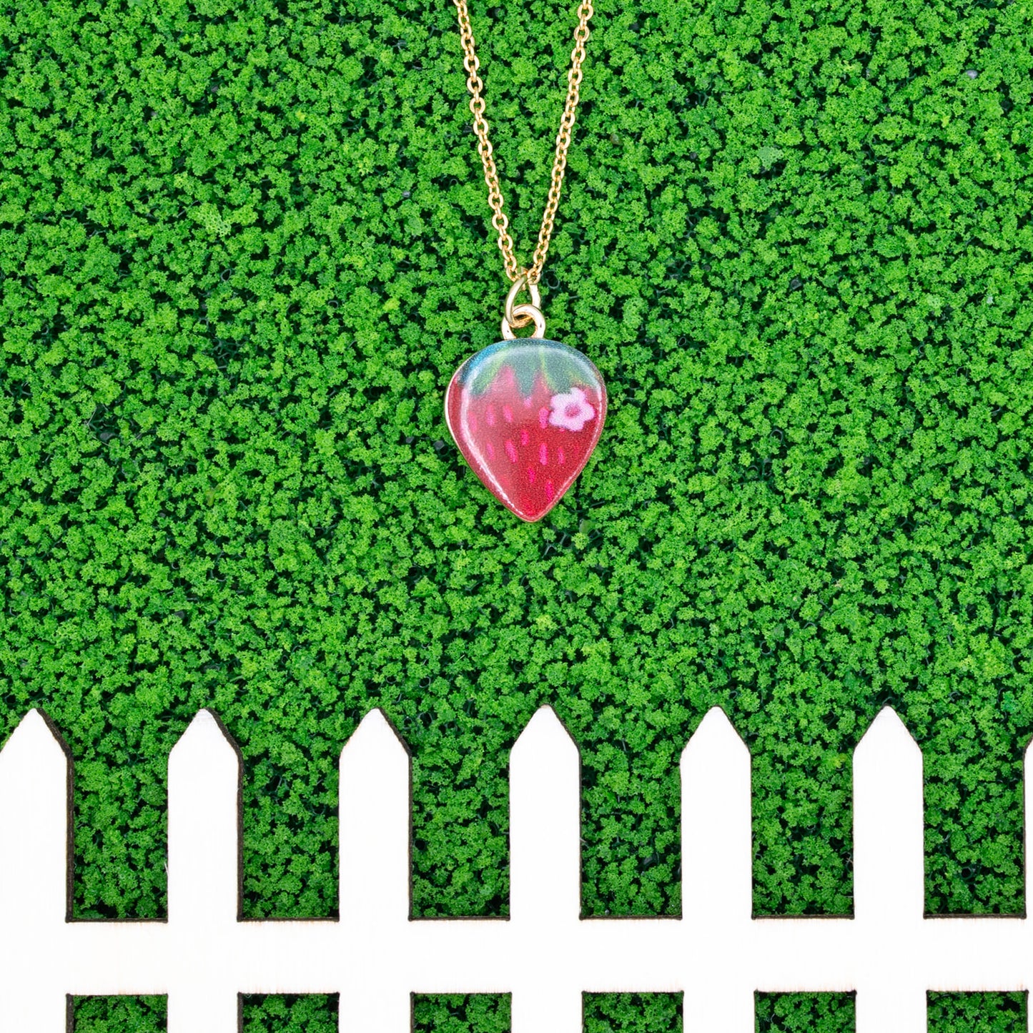 Enamel Strawberry Fruit Charm 14k Gold Necklace Hypoallergnic