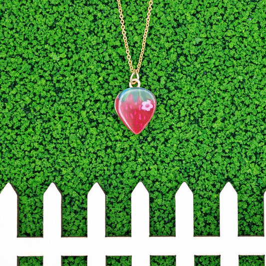 Enamel Strawberry Fruit Charm 14k Gold Necklace Hypoallergnic
