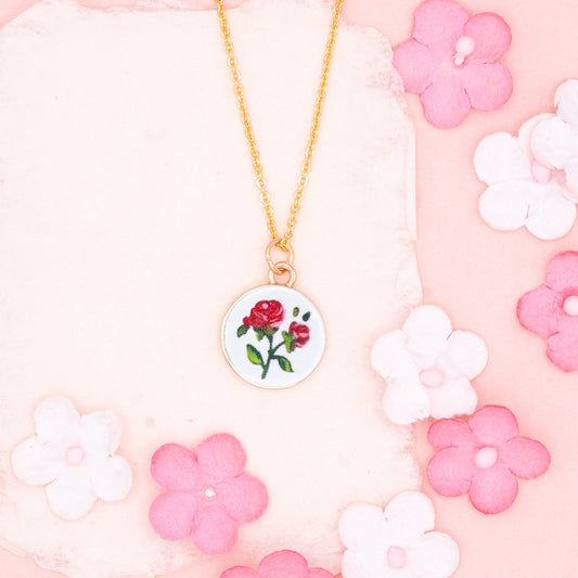 Enamel Rose Flower Charm 14k gold Necklace Hypoallergenic