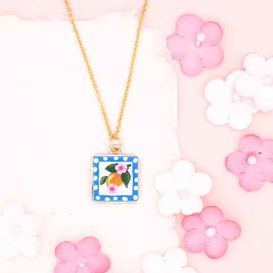 Enamel Orange Square Charm 14k Gold Necklace Hypoallergenic