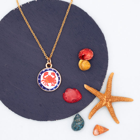 Enamel Crab Charm 14k Gold Necklace Hypoallergenic Ocean