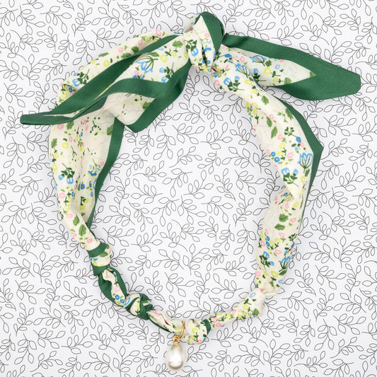 Silk Bandana with Pearl Charm Necklace Western Floral Hypoallergenic