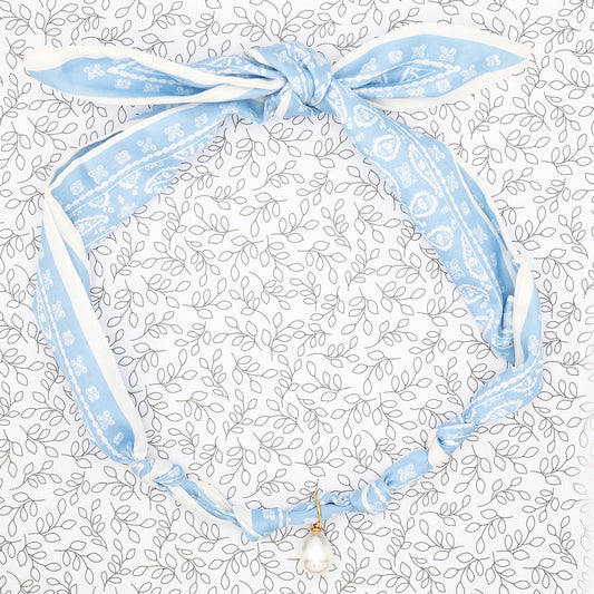 Blue Silk Bandana with Pearl Charm Necklace Western Floral