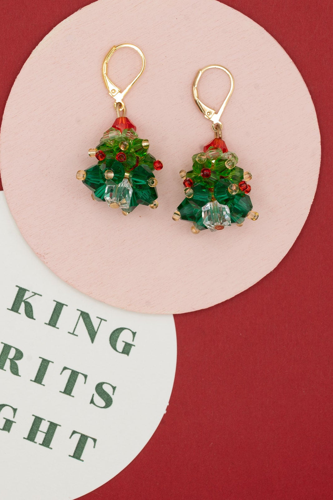 Beaded Christmas Tree Dangle Earrings Hypoallergenic Gold