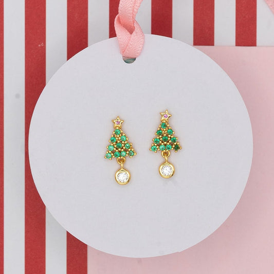 Gemstone Christmas Tree Dangle Earrings – 14K Gold Over Sterling Silver, CZ Studs