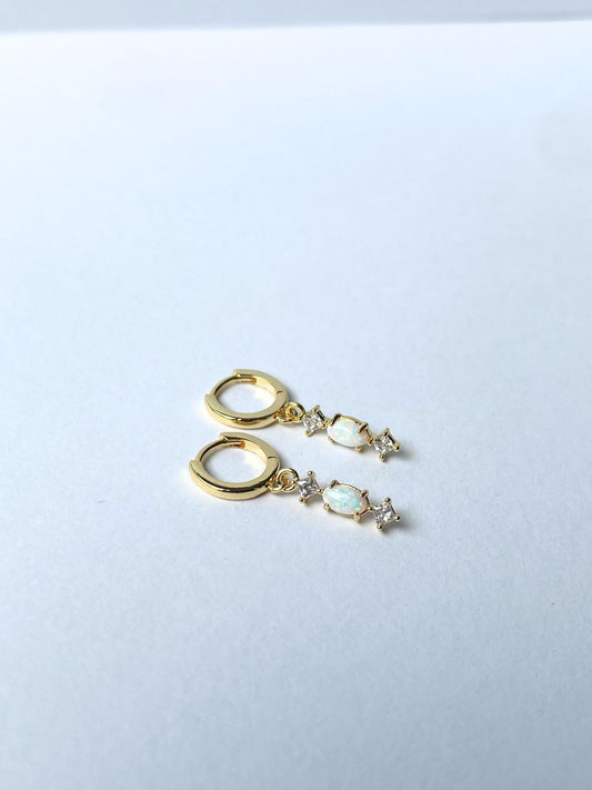 Opalite and CZ Drop Huggie 14k Gold Earring Hypoallergenic