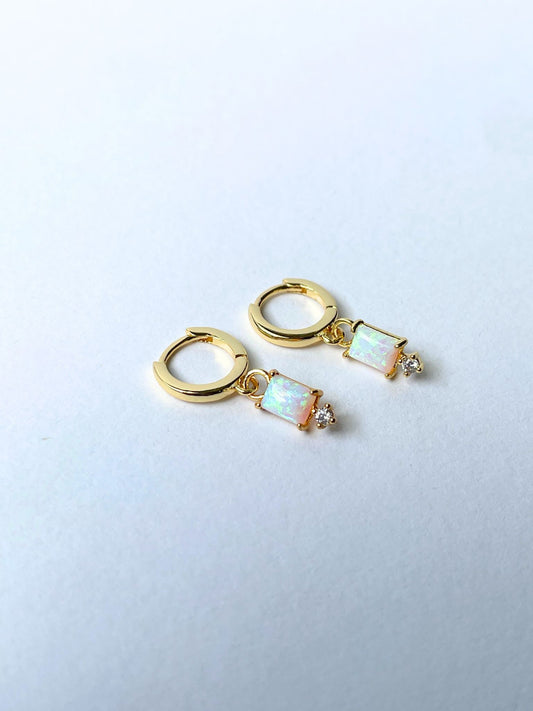 Opalite Square and CZ Drop Huggie Earring 14k Gold Gift