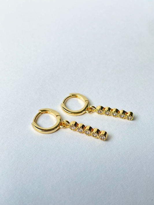 CZ Bar Drop Huggie Hoop Earrings 14k Gold Hypoallergenic