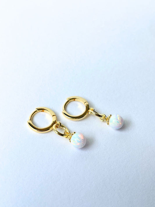 Opalite Ball Drop Huggie Earring 14k Gold Hypoallergenic