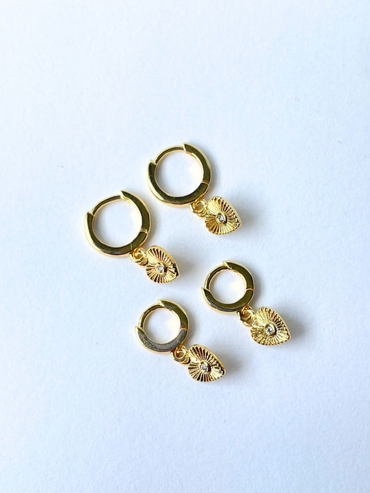 Mini Etched Heart CZ Huggie Hoop 14k Gold Earring Gift