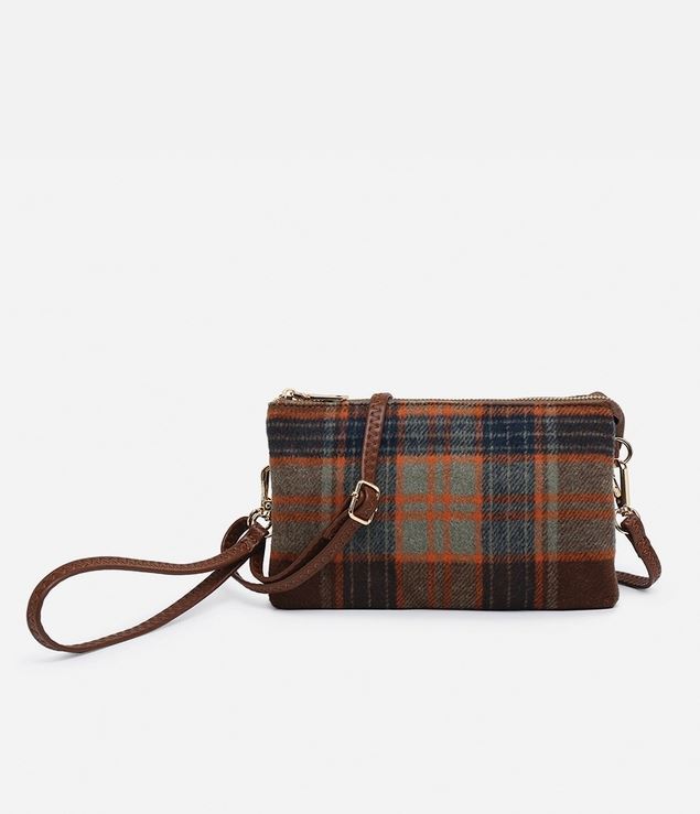 Riley Plaid 3-Compartment Crossbody & Wristlet – Monogrammable Vegan Leather and Fabric Bag with Gold-Tone Hardware