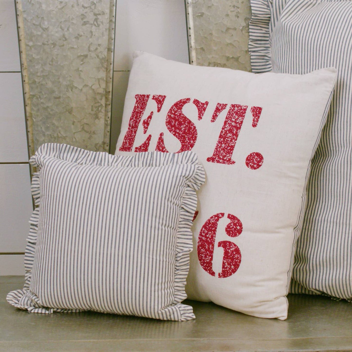 Farmhouse Ticking Stripe Pillow 12x12 – Blue Seersucker