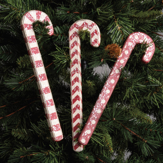 Rustic Wooden Candy Cane Ornaments – Set of 3 Red & White Christmas Decor