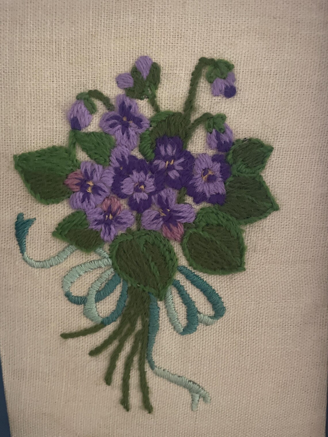 Vintage Crewel Needlework Embroidered Purple Flowers Professionally Framed Art