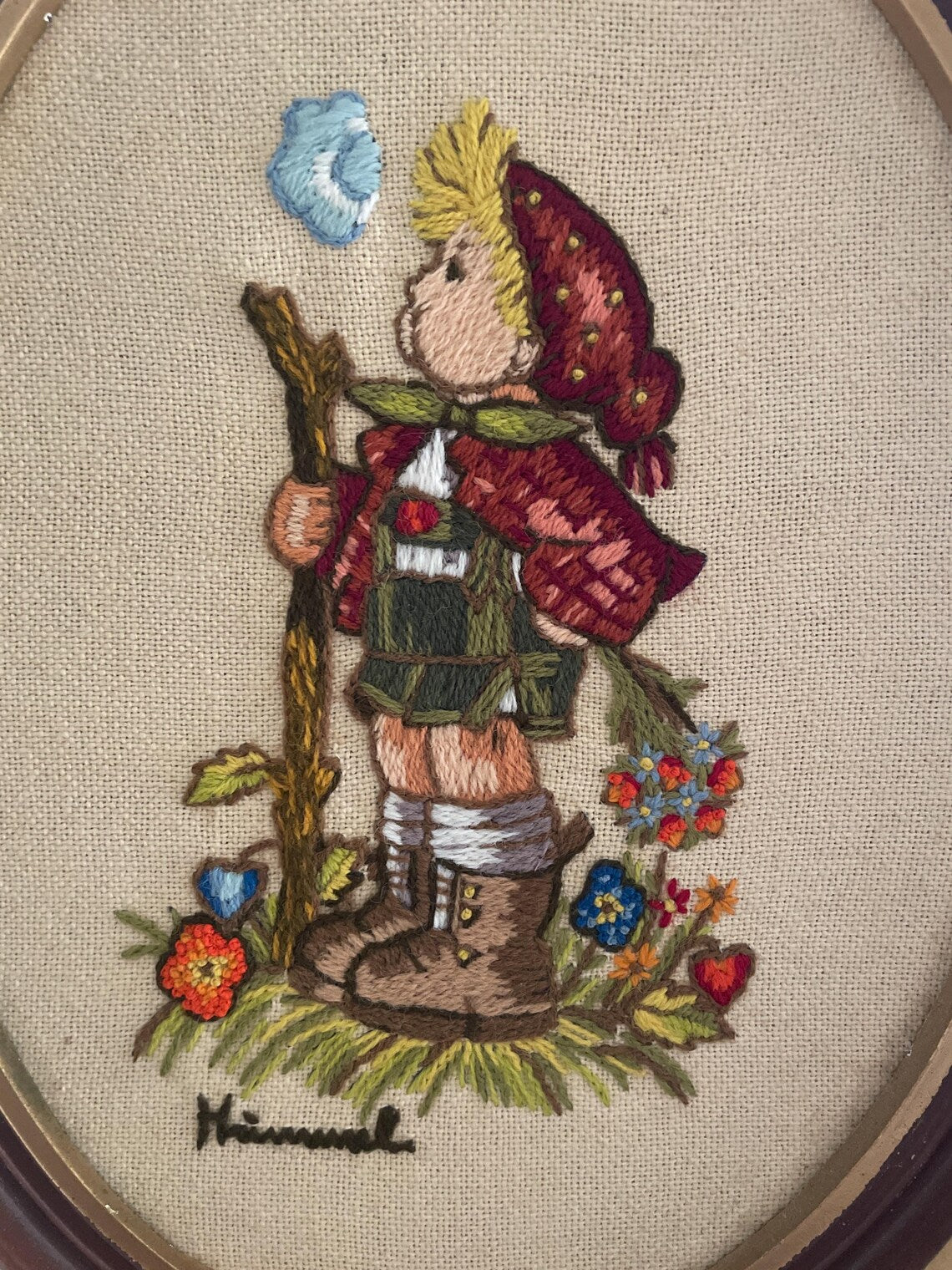 Vintage Crewel Embroidery Needlework Hummel Boy Oval Professionally Framed Hanging Art