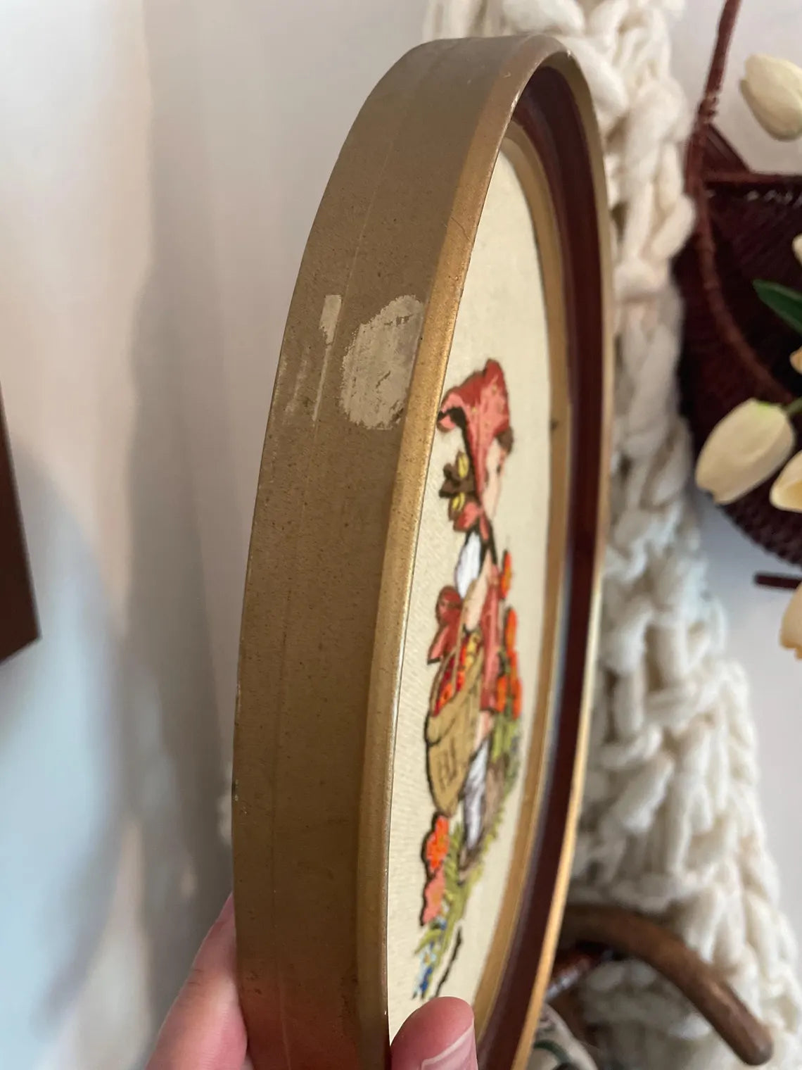Vintage Crewel Embroidery Needlework Hummel Girl Oval Professionally Framed Hanging Art
