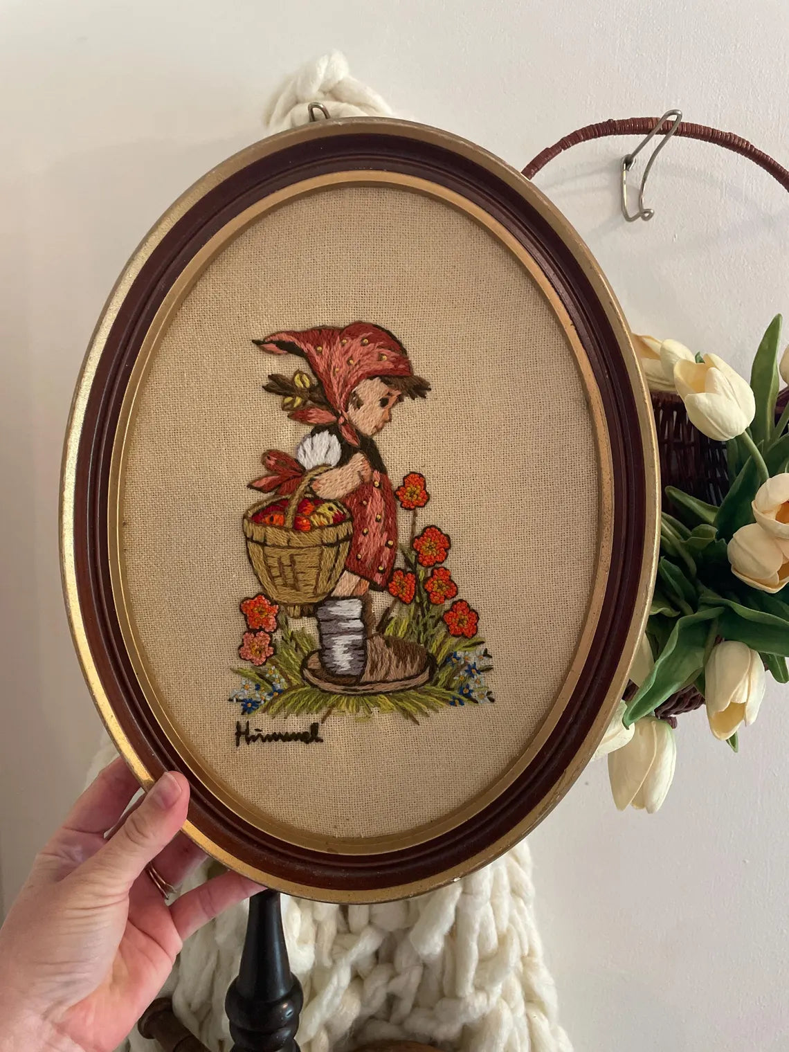 Vintage Crewel Embroidery Needlework Hummel Girl Oval Professionally Framed Hanging Art