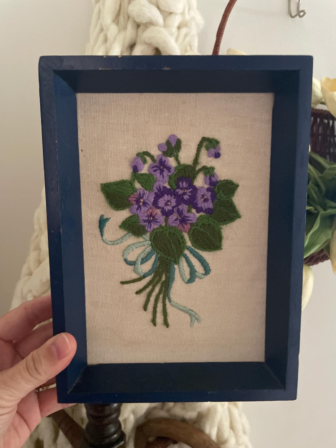 Vintage Crewel Needlework Embroidered Purple Flowers Professionally Framed Art