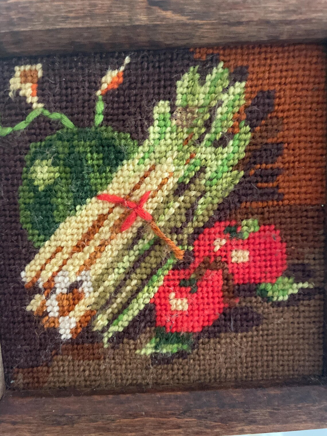 Vintage Vegetable Asparagus, Tomato, and Squash Needlework Embroidery Professionally Framed