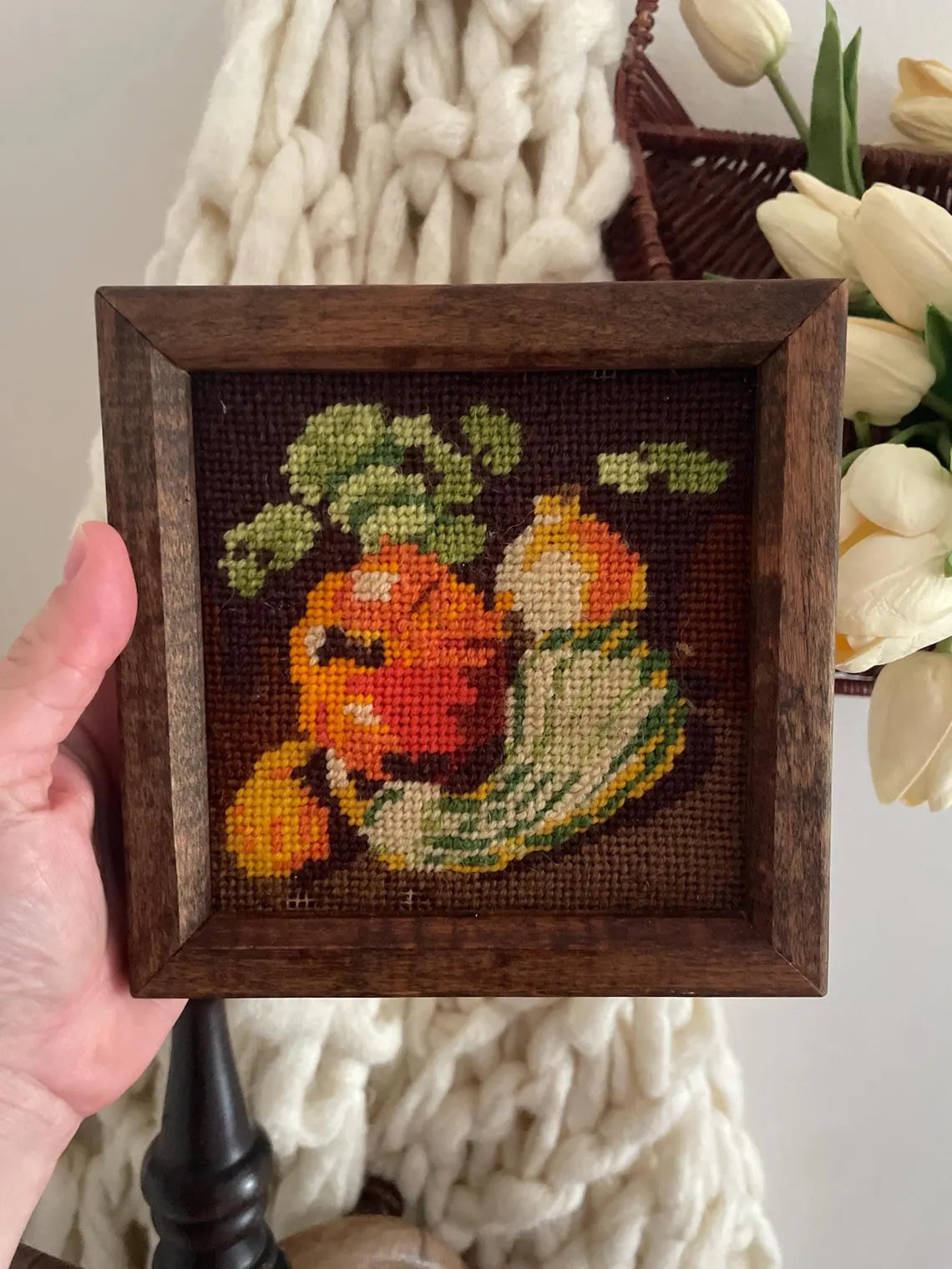 Vintage Vegetable Squash, Pumpkin, and Beans Needlework Embroidery Professionally Framed