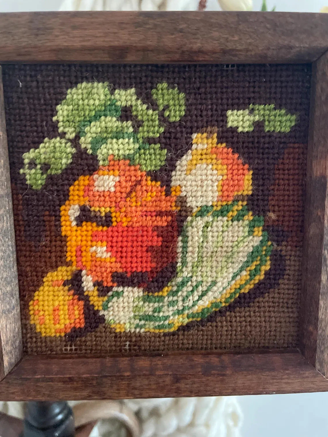 Vintage Vegetable Squash, Pumpkin, and Beans Needlework Embroidery Professionally Framed