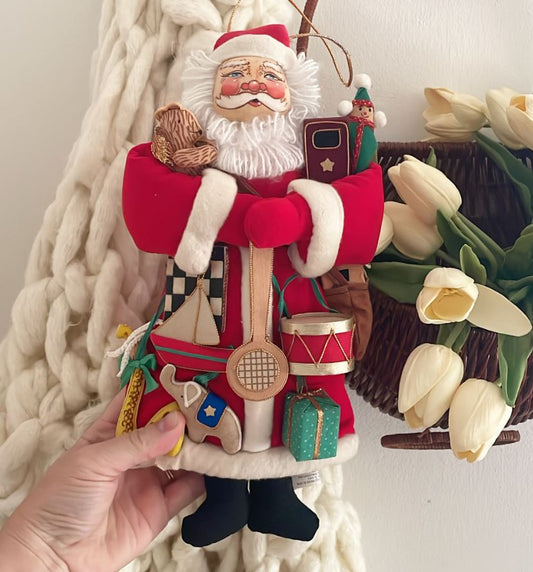 Vintage 1990s Christmas Corner Collection Santa Claus Ornament with Velvet Toy Jacket – 12" Hanging Holiday Decoration