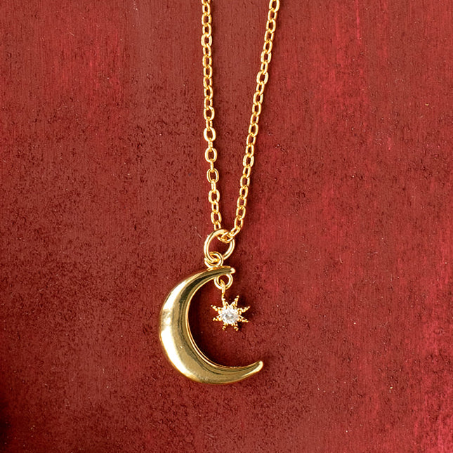 Moon Star CZ Charm Dainty Pendant Necklace