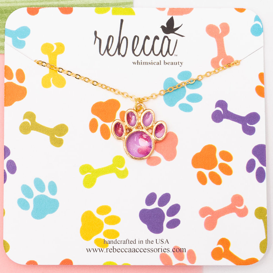 14k Gold Purple Paw Print Enamel Charm Necklace Children's Jewelry