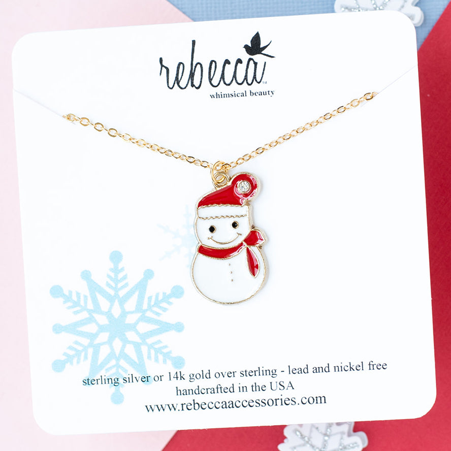 Red Hat Enamel Snowman Charm Necklace Children's Christmas