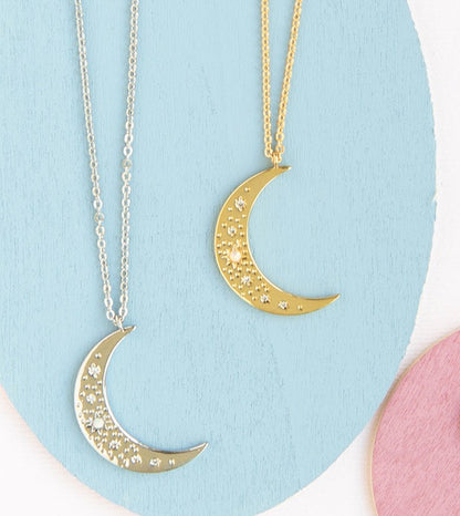 Moon dotted with CZ and Opal Gems Charm Necklace