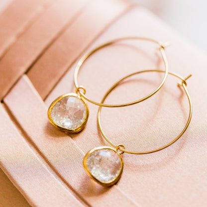 Faceted Glass Gemstone Hoop Earrings – Sterling Silver or 14K Gold Over Sterling | Elegant Statement Jewelry