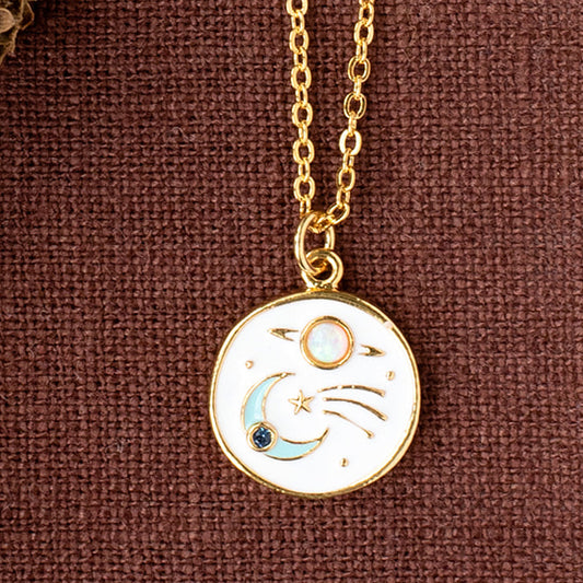 Space White Enamel Opal and CZ Pendant Charm Necklace